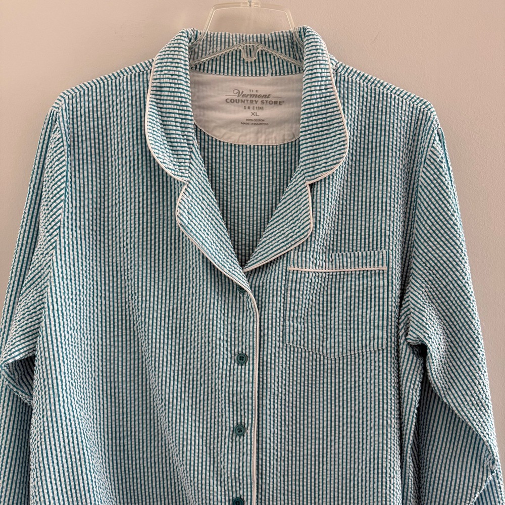 Vermont Country Store Seersucker Pajama Top XL Teal White Stripe Cotton VT-71085